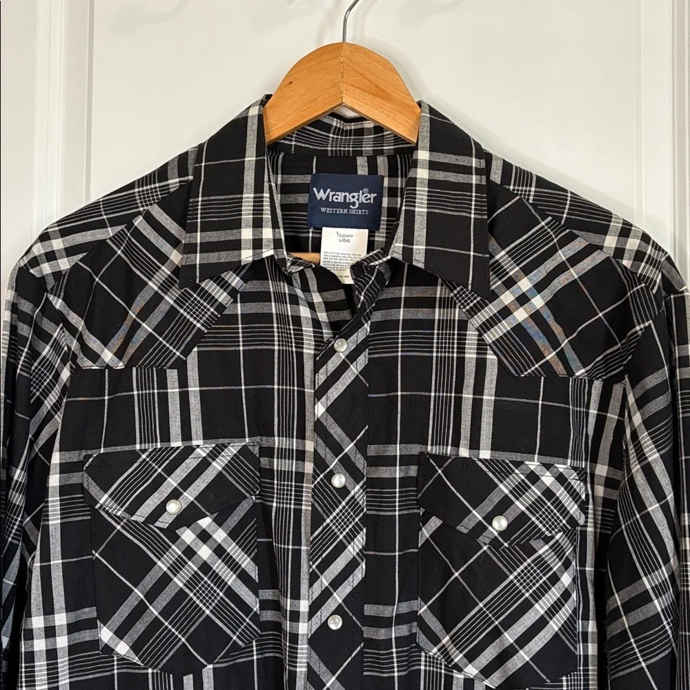Wrangler Western Plaid Shirt Pearl Snap Long Sleeve Black White Size Large - Picture 2 of 12